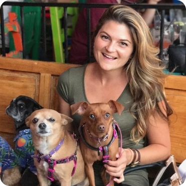 Ashley sitting with three smaller dogs on her lap